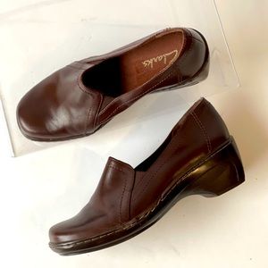 Clarks Women Brown Leather Loafers Slip On Shoes Wedge Platform Chunky Heels
